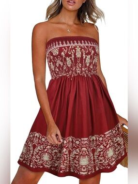 NWOT Smocked Strapless Burgundy Dress with Cream Border, Medium